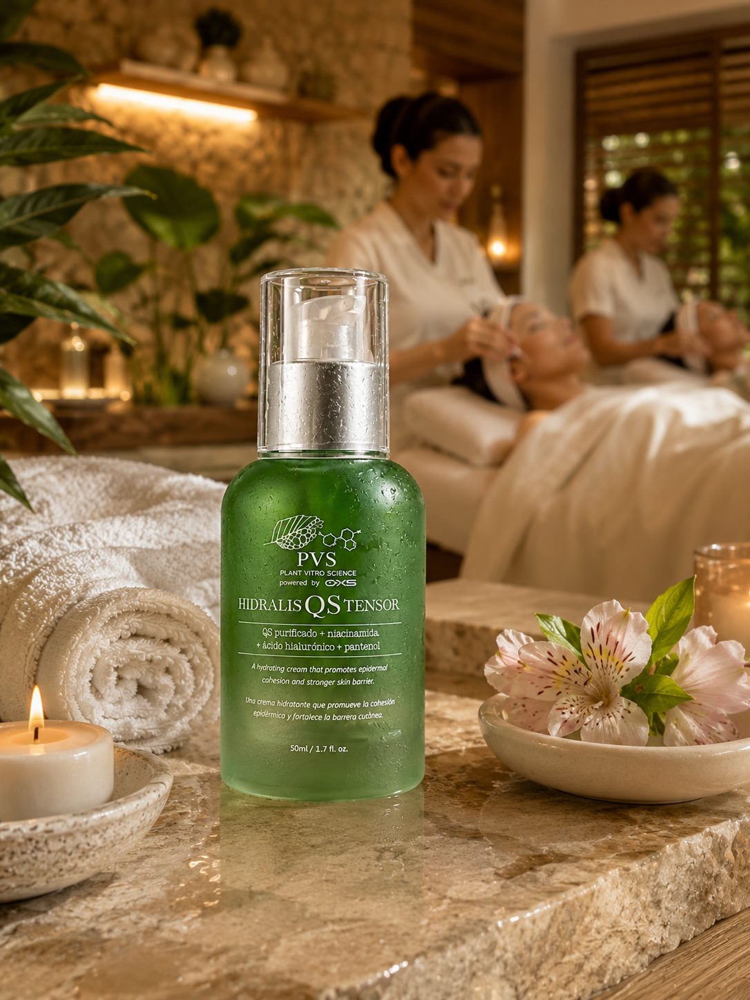 Hidralis QS Tensor en un entorno de spa con velas y flores